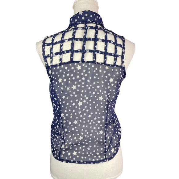 Star Print Lattice Sleeveless Blouse M Tie Waist Collared Caged Navy Blue Top - Picture 3 of 13